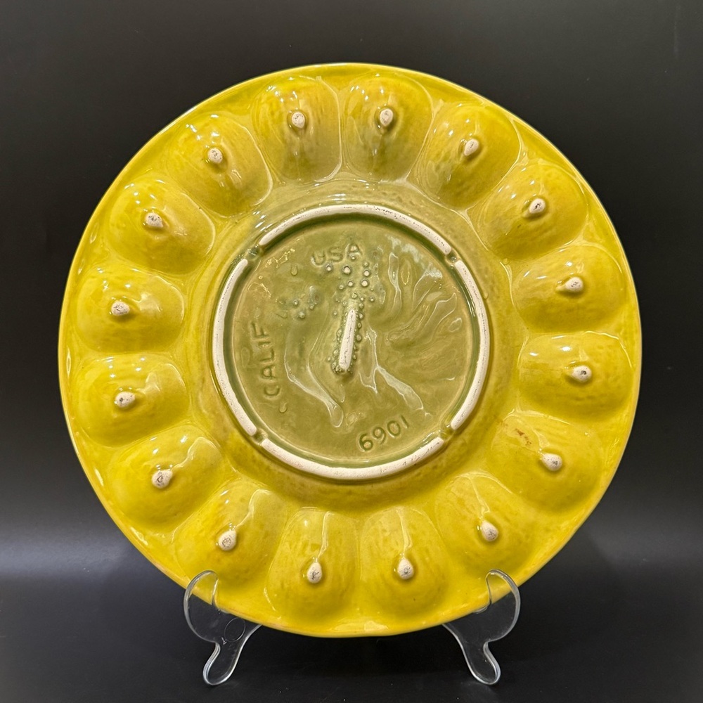 Vintage California Pottery Yellow Glazed Rooster Deviled Egg Plate 12” Platter - Picture 2 of 16